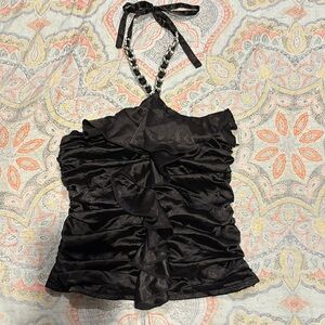 FCNY Women’s Small Black Satin Ruffle Scrunch Halter Top